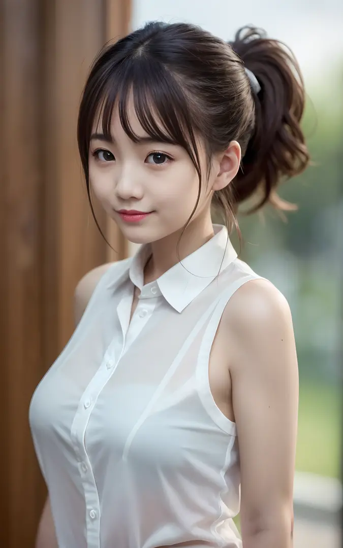 adorable, japanese girl,  ( white collared shirt:1.3), sleeveless,  standing , (breast:1.0), upper_body, office,  hair Scrunchie,  , (high saturation:1.0),  (extremely detailed skin), (best quality:1.0), (ultra highres:1.0) ,(photo realistic:1.0), (ultra d...