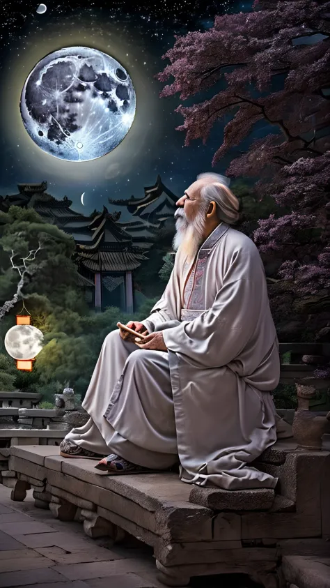 (Best quality,A high resolution,Masterpiece:1.2)An old man with a long white beard，(Look up at the full moon:1.2),( Old man of a...