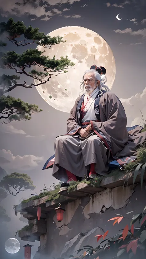 (Best quality,A high resolution,Masterpiece:1.2)An old man with a long white beard，(Look up at the full moon:1.2),( Old man of a...