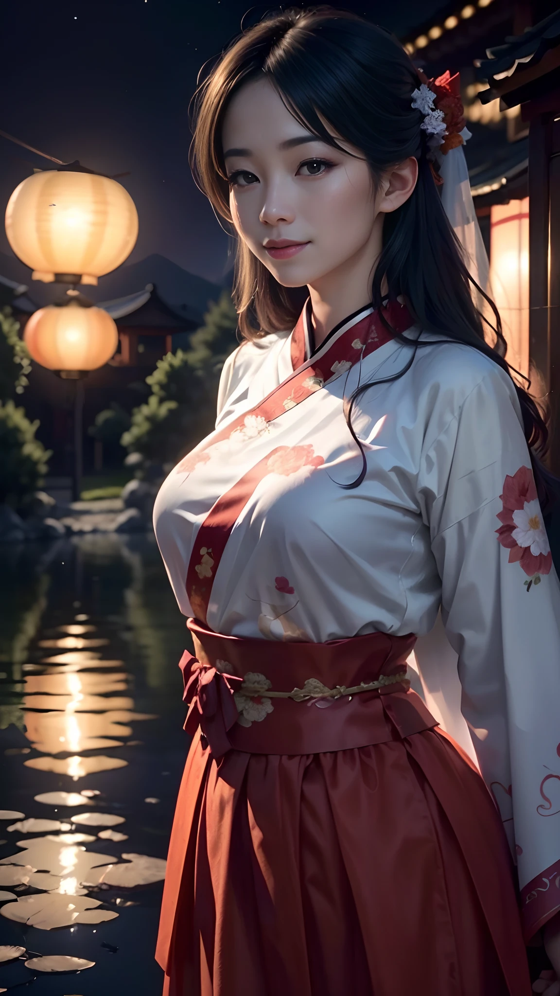 (Best quality,4K,8K,A high resolution,Masterpiece:1.2),Ultra-detailed,(Realistic,Photorealistic,photo-realistic:1.37),Painting,landscape,Autumn,traditional Chinese festivals,Chinese lanterns,Bright scene,Vivid colors,detailed scenic view,full moon,Lush gardens,Crimson sky,Tranquil atmosphere,traditional architecture,artistic rendition,traditionalcostumes,Delicious mooncakes,Lovely lanterns,peaceful night,celebrating,a joyful atmosphere,Distant mountains,Gentle breeze,glowing candles,Community gatherings,The moonlight casts soft shadows,Traditional music,mystical ambiance,colorful adornments,reflection on the lake,Serene face,Enjoy lantern riddles,Admire the full moon,Full of happiness,Family reunion,Unity and harmony.Perfectcomposition