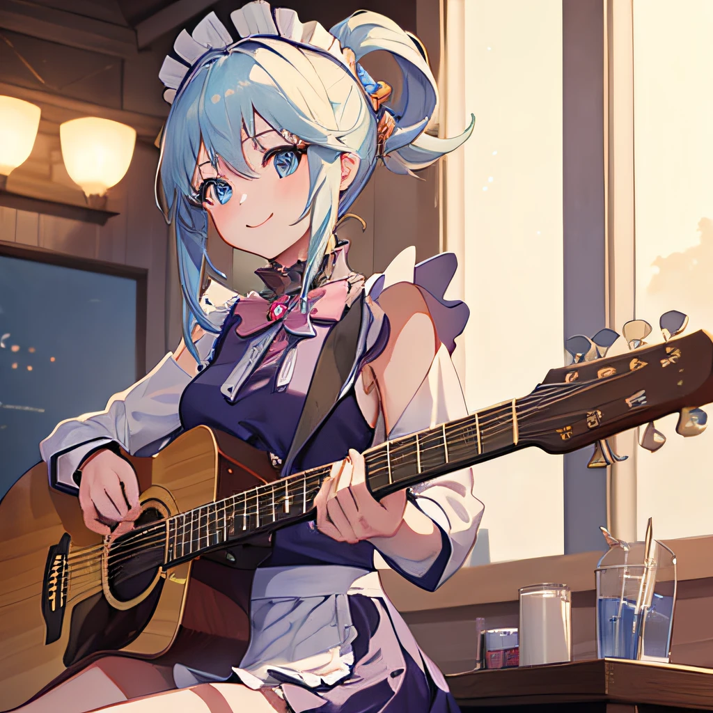 ((masterpiece)), ((best quality)), (ultra-detailed), anime style, Live performance venue, a cute girl, 1girl, solo, playing the guitar00, maid00, ((beautiful eyes))0, smile