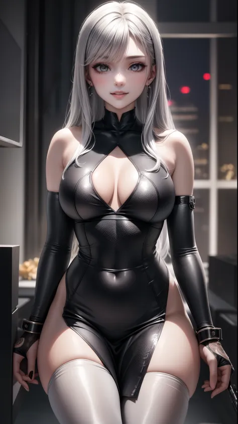 silver color hair, bared legs, (Weaponry room as background:1.3), wearing rosy pink suit and mini tight skirt, a girl with calm and rational personality, demonstrating a loyal and efficient approach to her tasks, human-like aspect to her, possess emotions ...