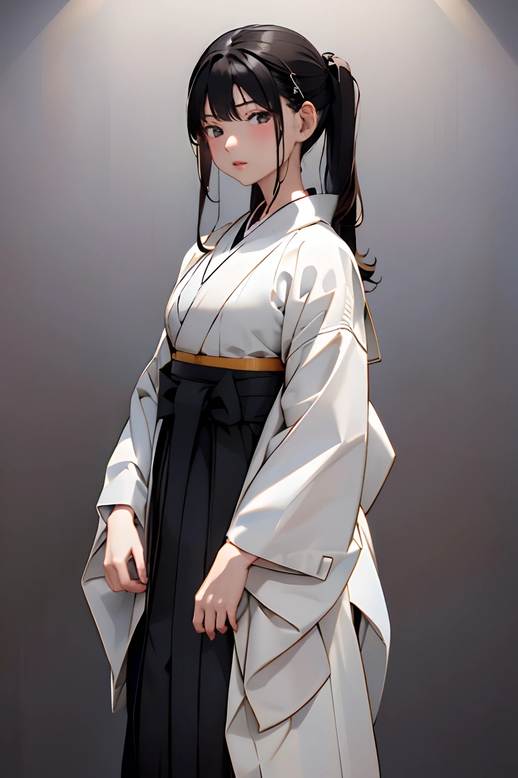 top-quality、​masterpiece、(((1 girl in)))、Solo、((Black background:1.1))、Black background、Full Body Angle、(((White jacket and black hakama:1.3)))、Hakama、Dignified appearance、Standing、black backgrounds、A dark-haired:1.5、Brown eyes、red-lips、white  clothes、Black and white world、Black and white world、light skinned、Long straight hair、Silky black hair、