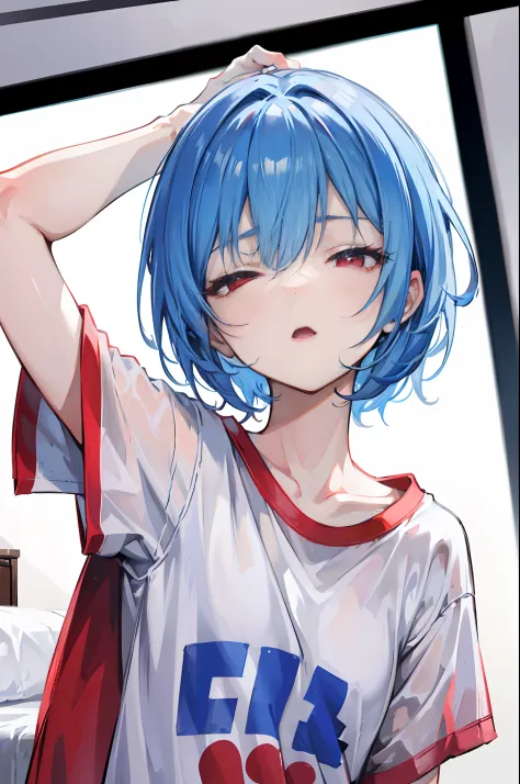 short blue hair, red eyes, wearing loose white t-shirt, no legwear, girl stretching on the bed, camera angle(high angle shot close up to her face), face: yawn, closed eyes, barefoot, arms up, sweaty, bedroom, absurdres, high res, ultrasharp, 8K, masterpiec...