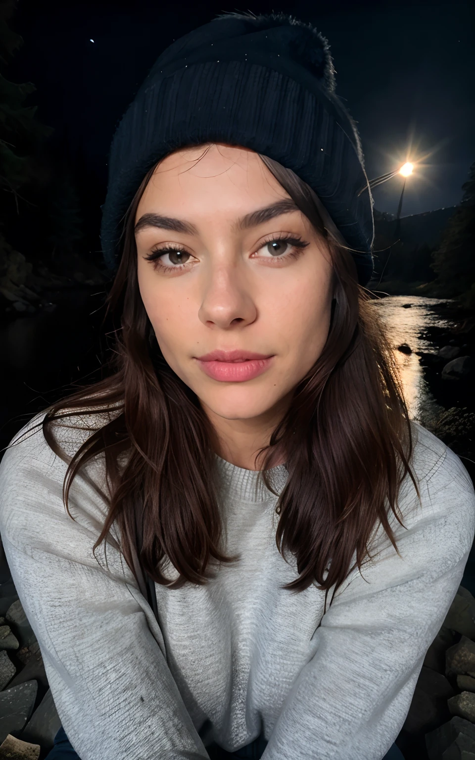 photorealistic, best quality, hyper detailed, beautiful woman, selfie photo, upper body, solo, wearing pullover, outdoors, (night), mountains, real life nature, stars, moon, (cheerful, happy), sleeping bag, gloves, sweater, beanie, flashlight, forest, rocks, river, wood, smoke, fog, clear sky, analog style, looking at viewer, skin texture, film grain, close up, ultra high res, best shadow, RAW, instagram LUT