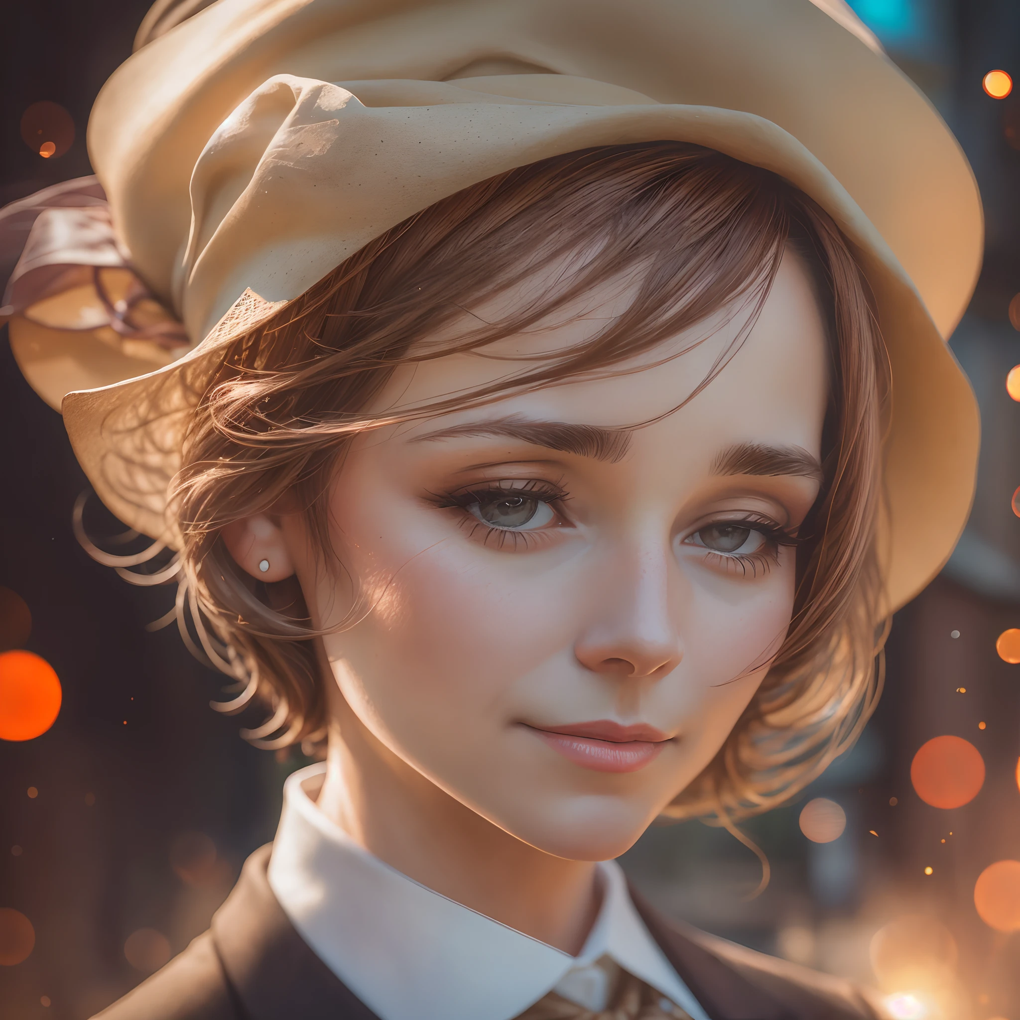 Portrait of a woman, 50 years old, ((brown hair)), wearing a fitted 1960's style suit, tan hat, outside an victorian mansion, raytracing, depth of field, particle effects, bokeh, high resolution