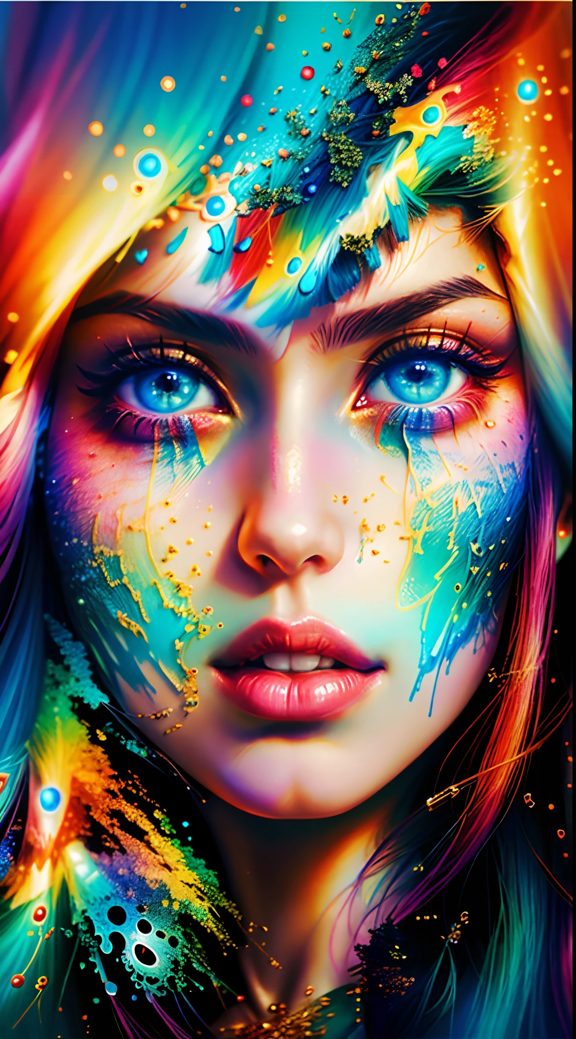 uma mulher com maquiagem colorida e arte de maquiagem, Arte bonita UHD 4K, arte de fantasia digital colorida, Arte digital realista 4K, Arte digital realista 4K, Arte Digital 4K, arte digital 4k, colorido e escuro, lindo arte digital, Arte de Alessandro Pautasso, pintura digital vibrante, Arte digital altamente detalhada em 4k, arte digital impressionante