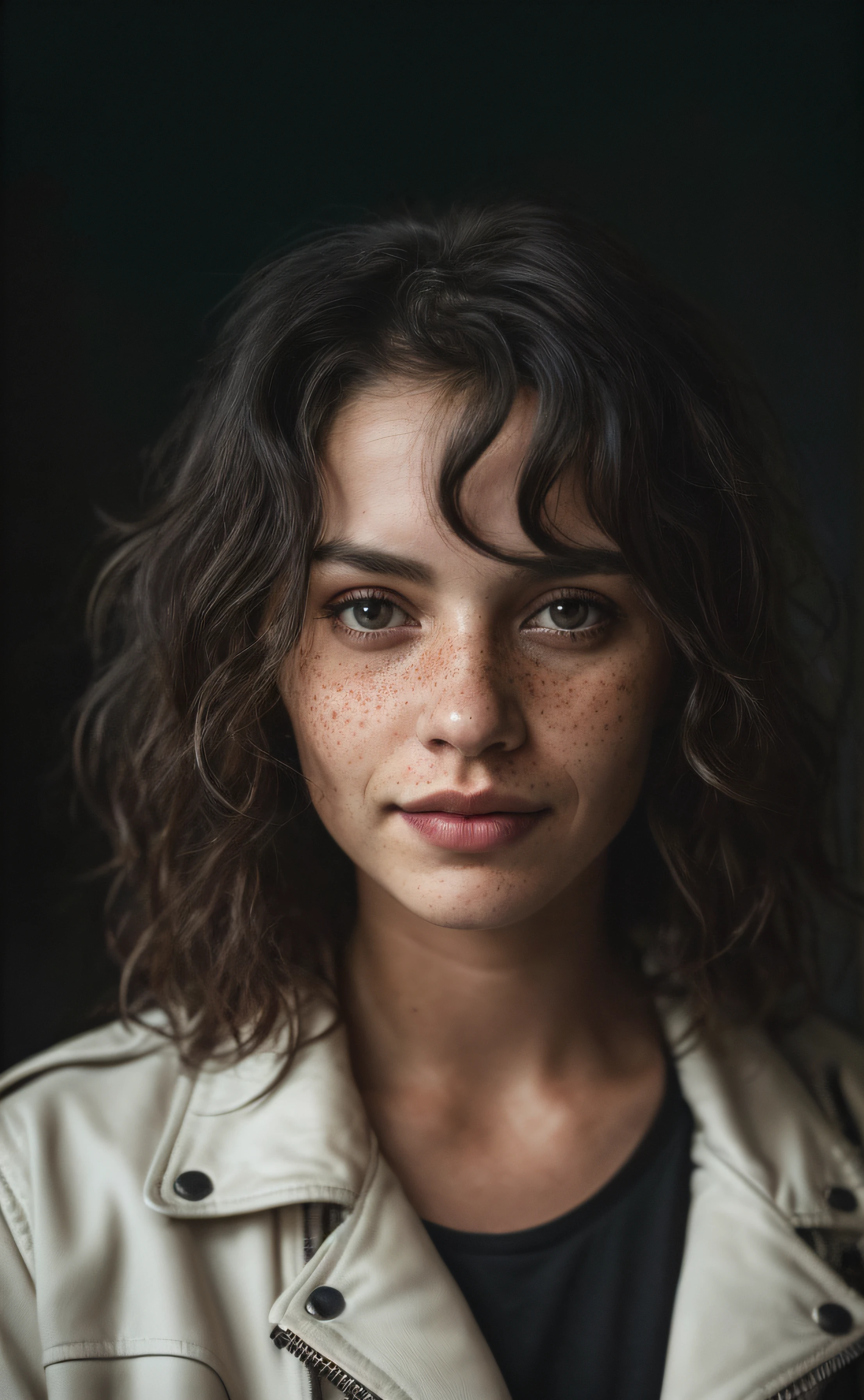 (close-up, editorial photograph of a 30 year old woman), (highly detailed face:1.4) (smile:0.7) (background inside dark, moody, private study:1.3) POV, by lee jeffries, nikon d850, film stock photograph ,4 kodak portra 400 ,camera f1.6 lens ,rich colors, hyper realistic ,lifelike texture, dramatic lighting , cinestill 800, wavy hair, messy hair, mocking smirk, black hair, freckles, black eyes, white skin, black motorcycle jacket, european expressions, european woman, european skin
