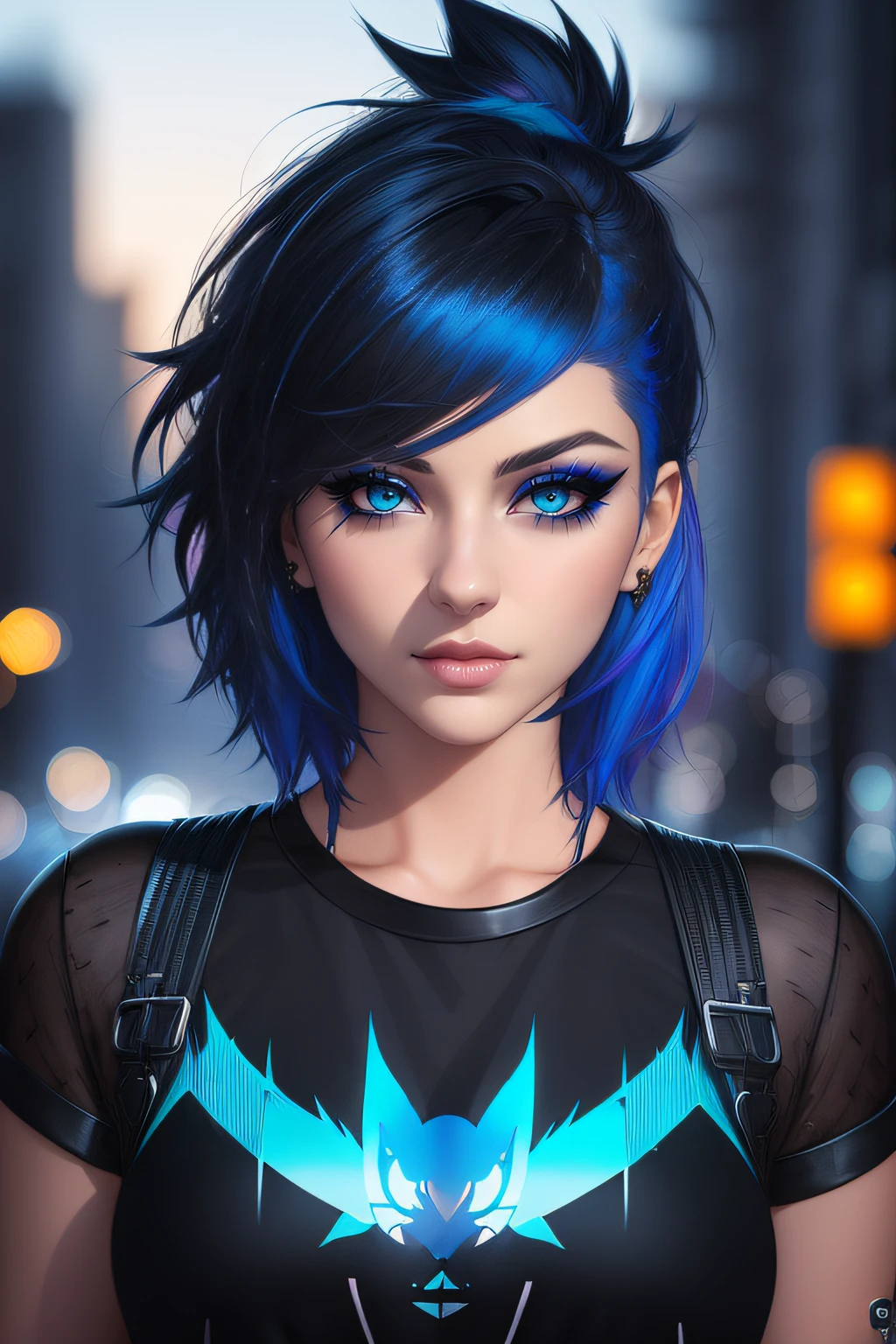 beautiful girl, half body portrait, short bright blue dishevelled hair, black eyeshadow, (street style wear:1.2), (city night background:1.2), dark makeup, digital art, trending on artstation, highly detailed, fine detail, intricate,  beautiful detailed glow, detailed, Cinematic light, high-res, detailed facial features, sharp focus, smooth, aesthetic,