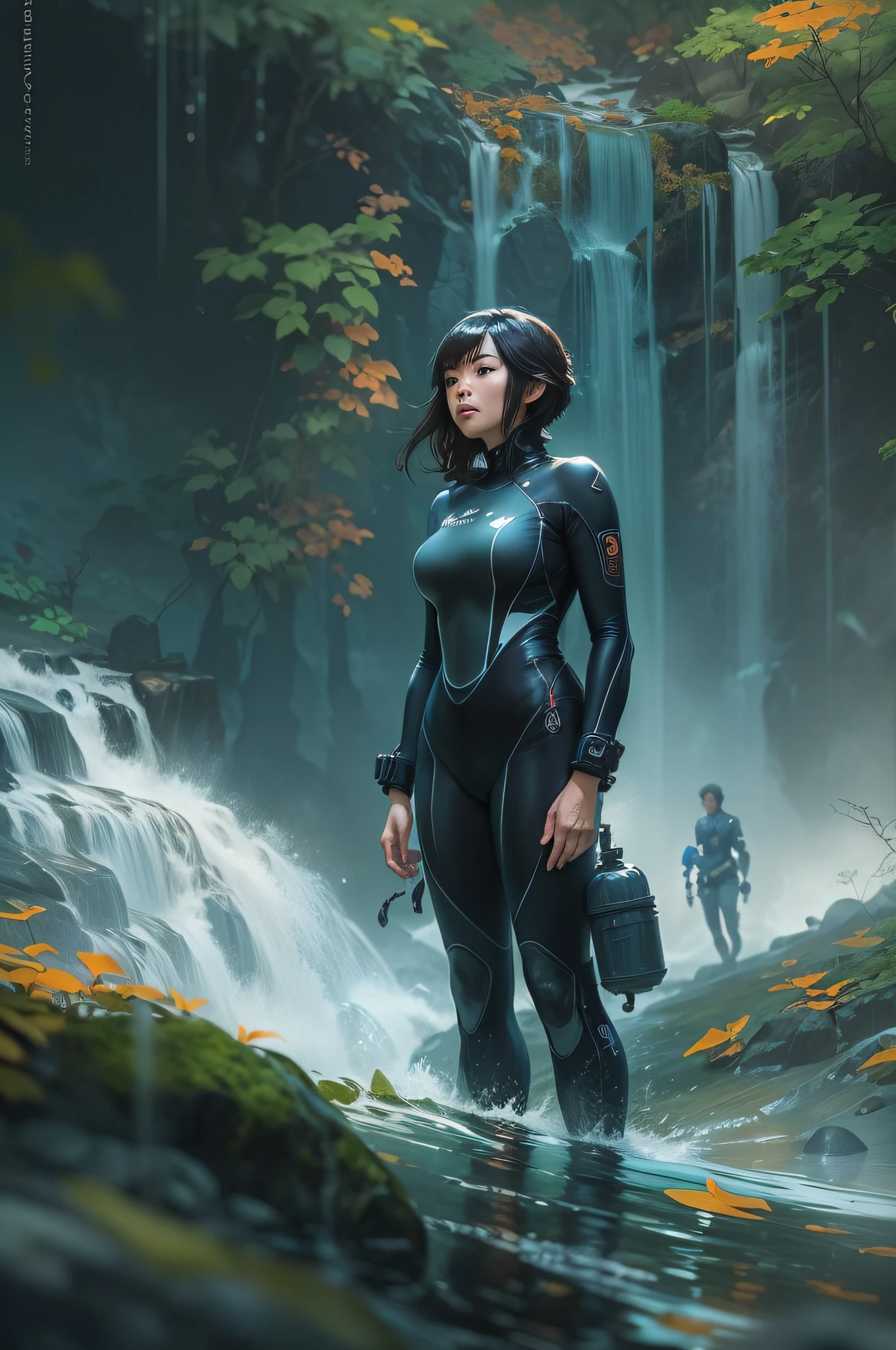 a Japanese woman detective wearing wetsuit and scuba tanks at a very high dark and mysterious haunted waterfall (((action pose))) (((facing camera))) hypnotic, mesmerizing, centered, approaching perfection, dynamic, concept art, smooth, sharp focus, illustration, art by Carne Griffiths and Wadim Kashin, unreal engine, greg rutkowski, loish, rhads, beeple, makoto shinkai and lois van baarle, ilya kuvshinov, rossdraws, tom bagshaw, alphonse mucha, Mysterious