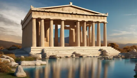 arafed view of a temple with a pool of water in front of it, a digital rendering by Jason Benjamin, shutterstock, neoclassicism, ancient greek temple, greek temple, ancient greek temple ruins, ancient greek ruins, ancient temple, greek architecture, ancien...