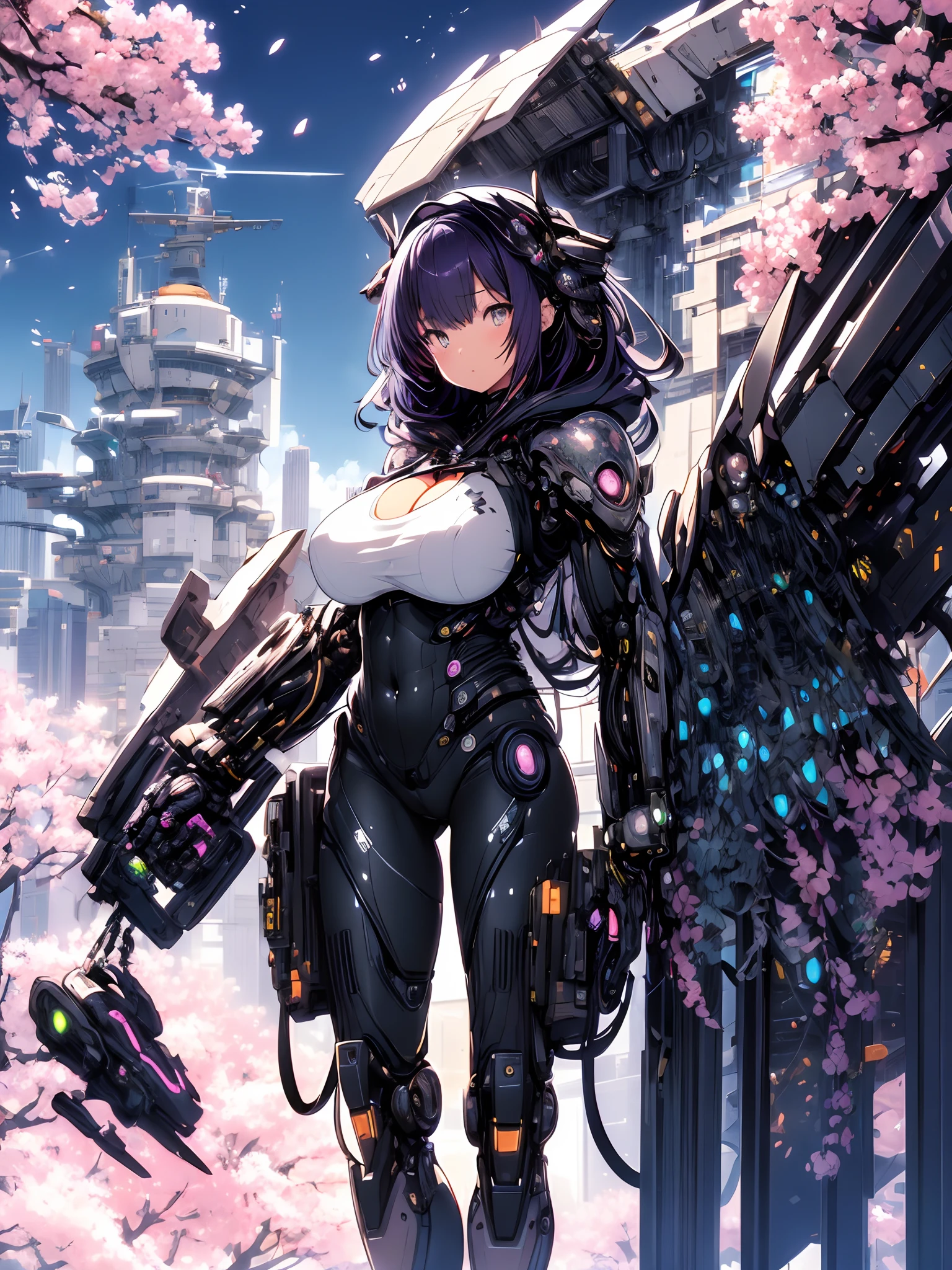 The most beautiful and sexy mecha warrior girl, purple hair, yellow eyes, wearing a highly detailed futuristic hooded mecha battle armor, mechanical angel wings, huge enormously gigantic , cleavage showing, tons of tattoos and piercings, in hyper futuristic city metropolis, cherry blossoms blowing in the wind, highly detailed background, absurdres, highres, ultra detailed, (cute illustration:1.5), (cute,kawaii,sweet:1.2),
(1girl:1.4), bodysuit, cyborg girl,
hyper enormously gigantic mechanical hands,dynamic pose, facing the camera 
nice hands, perfect hands, incredibly cinematic, best quality, best resolution