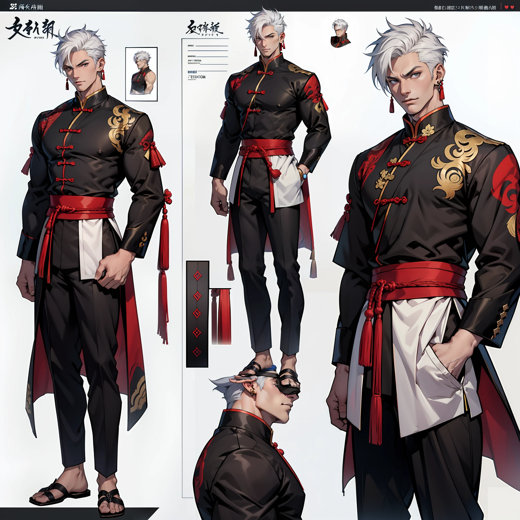 Character sheet, Handsome male. Perfect face, 6 ft 5 tall man. White hair. Short hair. Grey eyes. Eyepatch. Earrings. Toned body. Muscular male, character design sheet，full bodyesbian, Full of details, body front view, body back view,  Full body, front and back view, muscle body, Traditional chinese clothes. Genshin Impact. Hydro vision. Bulge in pants. Liyue, ((Masterpiece, Highest quality)), Detailed face, character design sheet， full bodyesbian, Full of details, frontal body view, back body view, Highly detailed, Depth, Many parts,