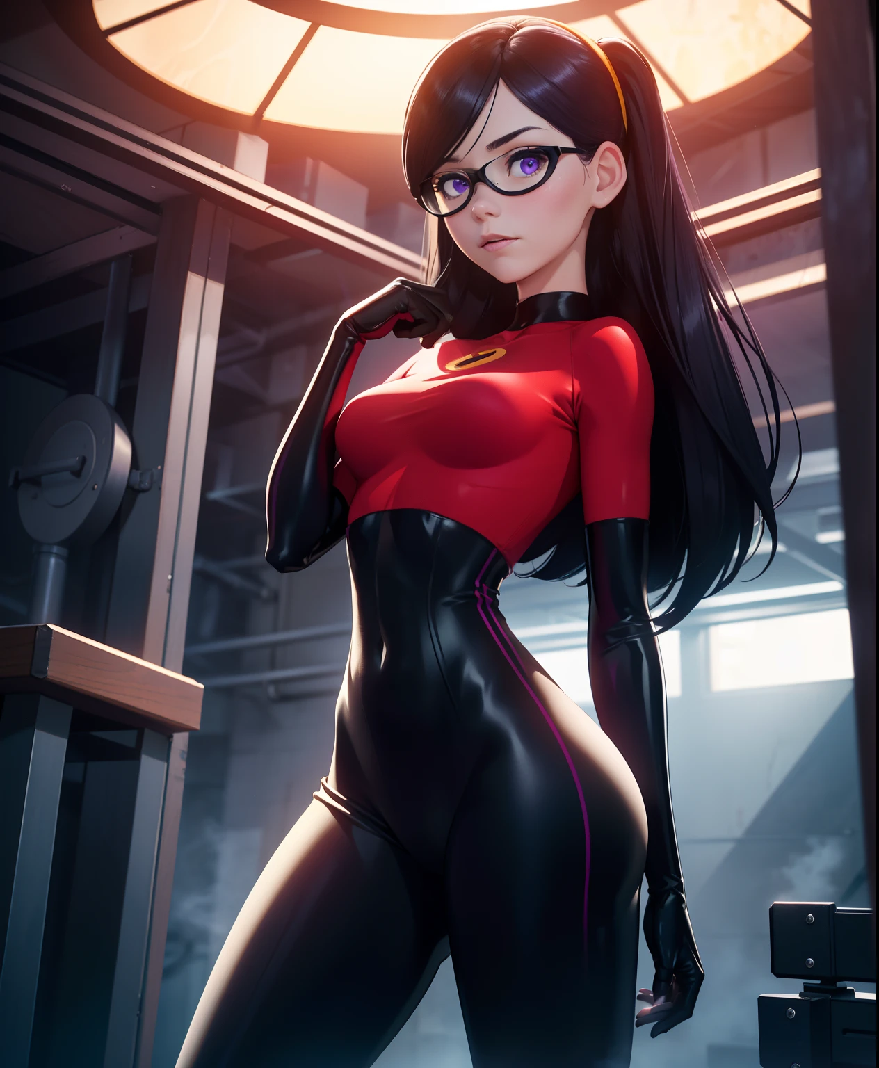 The generated prompt can be："violet parr,latex outfit,long black hair,vivid purple eyes,smoky makeup,big round butt,perfectly sculpted abs,(best quality,4k,8k,highres,masterpiece:1.2),ultra-detailed,(realistic,photorealistic,photo-realistic:1.37),portrait,dark and moody lighting,vivid color grading".

Please note，I arranged the labels in order from highest to lowest，And try to describe the picture in detail。No descriptive sentences or sentences were added。