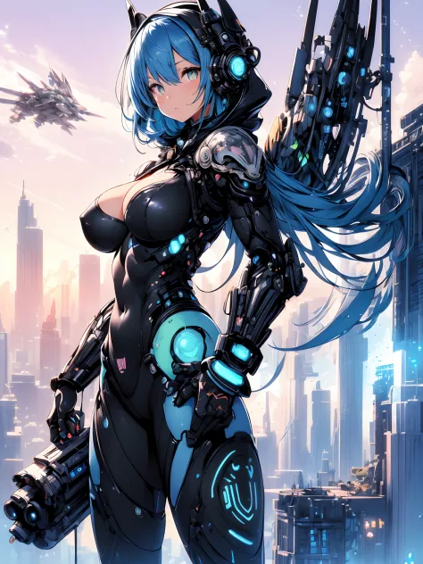 The most beautiful and sexy mecha warrior girl, blue hair, yellow eyes, wearing a highly detailed futuristic hooded mecha battle armor, mechanical angel wings, huge enormously gigantic tits, cleavage showing, tons of tattoos and piercings, in hyper futuris...