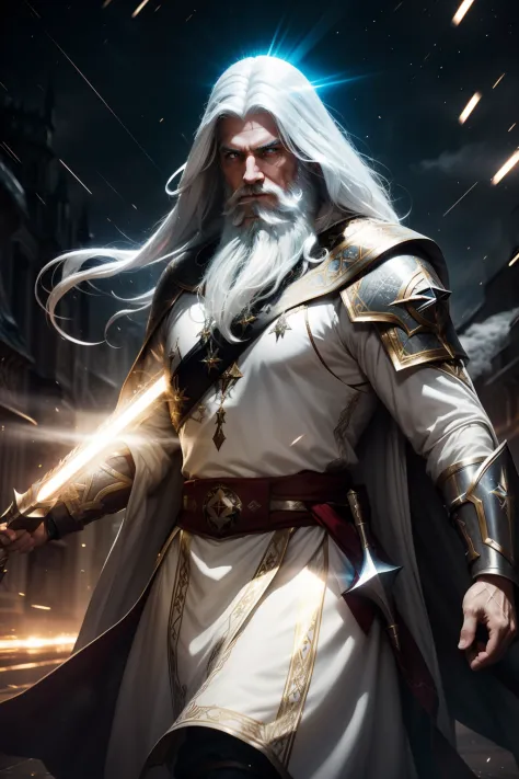 templar man, long beard, white hair, ((light glow effect))), dynamic panning photography move::1, midnight hour illuminationr, (...