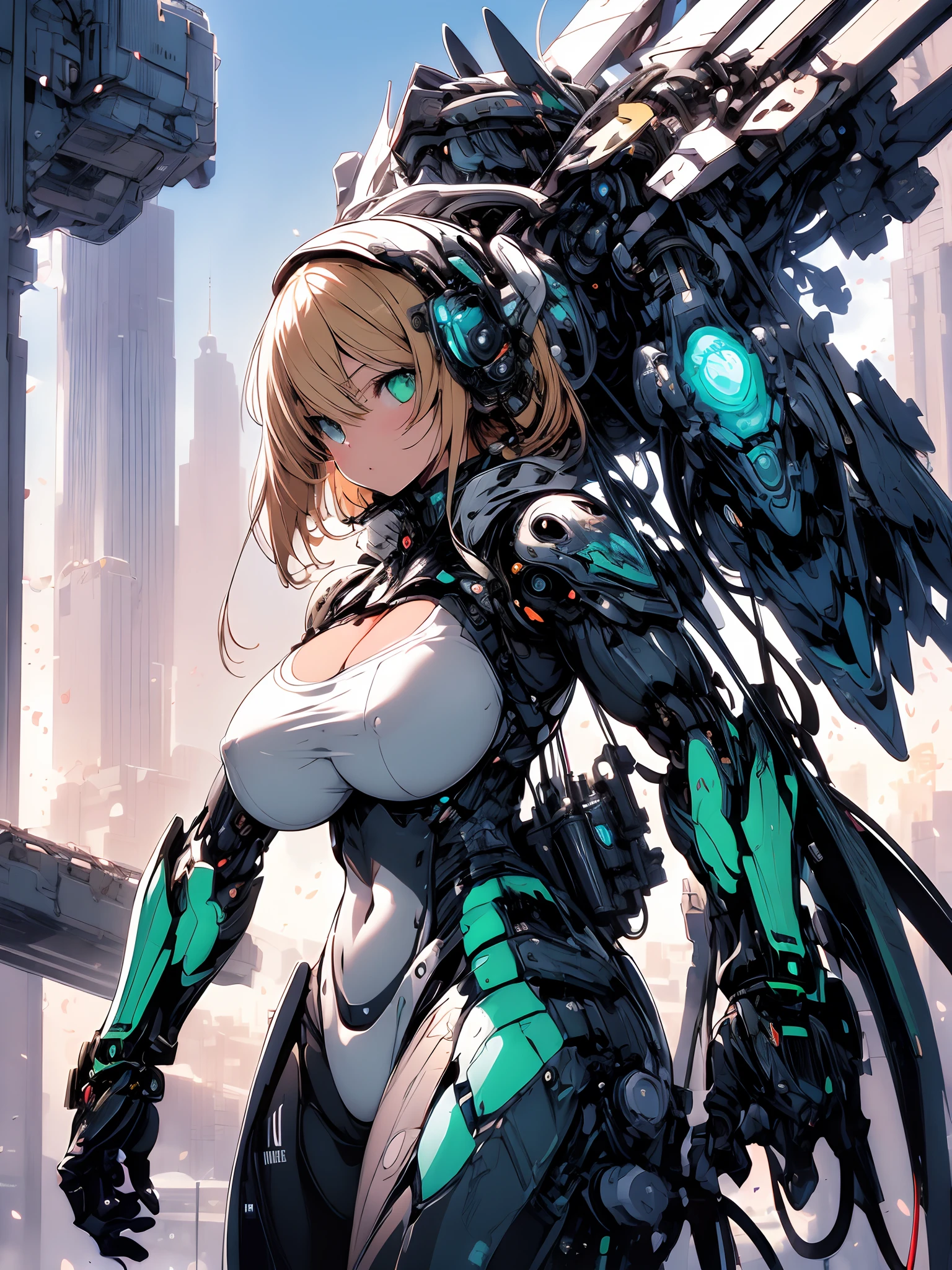 The most beautiful and sexy mecha warrior girl, blonde hair, green eyes, wearing a highly detailed futuristic hooded mecha battle armor, mechanical angel wings, huge enormously gigantic , cleavage showing, tons of tattoos and piercings, in hyper futuristic city metropolis, cherry blossoms blowing in the wind, highly detailed background, absurdres, highres, ultra detailed, (cute illustration:1.5), (cute,kawaii,sweet:1.2),
(1girl:1.4), bodysuit, cyborg girl,
hyper gigantic mechanical hands,dynamic pose, 
nice hands, perfect hands, incredibly cinematic, best quality, best resolution