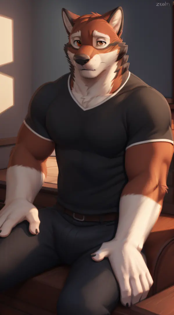leo alvarez, muscular, bara, wolf tail, (posing:1.3), (soft shading), 4k, hi res, five fingers, detailed hands, ((detailed face, (detailed eyes:1.0), detailed)), by zackarry911, by zaush, (by personalami:0.5), solo, shirt, red eyes, 1boy, sitting, male foc...