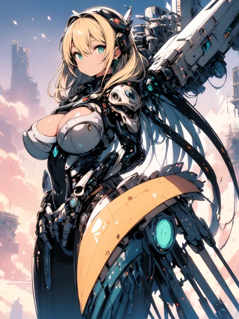 The most beautiful and sexy mecha warrior girl, blonde hair, green eyes, wearing a highly detailed futuristic hooded mecha battle armor, mechanical angel wings, huge enormously gigantic tits, cleavage showing, tons of tattoos and piercings, in hyper futuri...