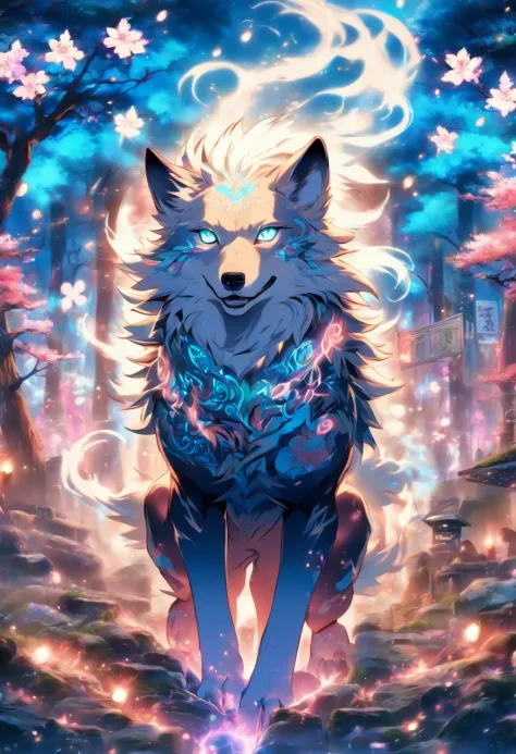 An enchanted wolf spirit, white hair, bright glowing blue eyes, tons of tattoos and piercings, in the most beautiful enchanted forest, graffiti and kanji elements in the background, cherry blossoms blowing in the wind, highly detailed background, incredibl...