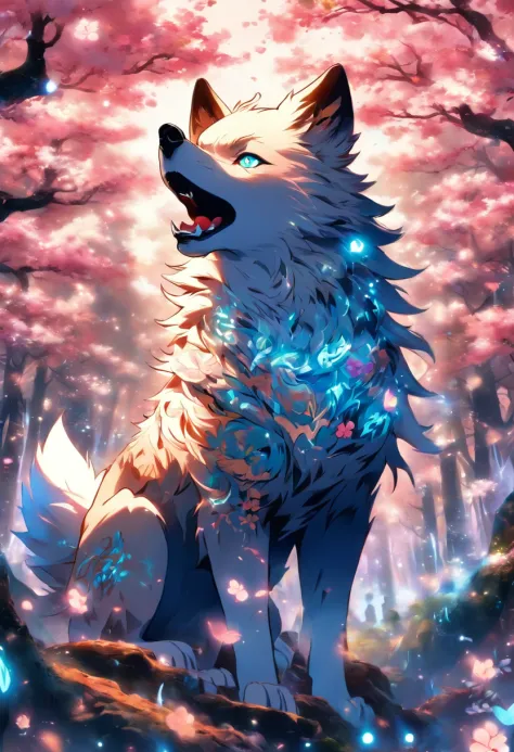 An enchanted wolf spirit, white hair, bright glowing blue eyes, tons of tattoos and piercings, in the most beautiful enchanted forest, graffiti and kanji elements in the background, cherry blossoms blowing in the wind, highly detailed background, incredibl...