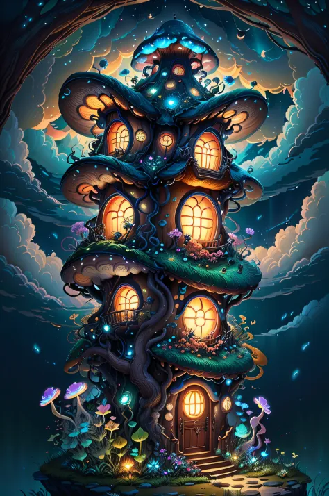 (Swirling clouds and colorful flowers), (forest fireflies fantasy korean mushroom house), (midnight), (Irregular), (mysterious),...