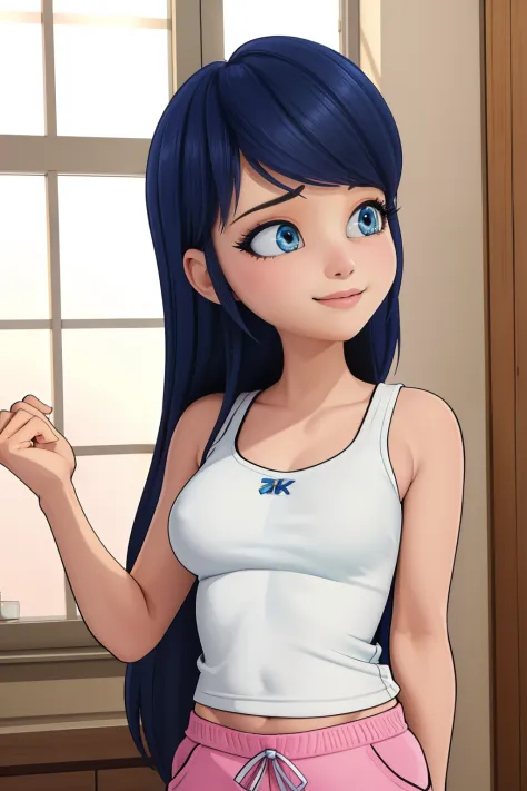 (8k, RAW photo, best quality, masterpiece:1.2), (intricate details), perfect eyes, perfect face, perfect lighting, beautiful, (masterpiece:1.2), (best quality:1.2), 1girl, solo, marinette, blue hair, long hair down, adult torso, 17 years old, slight smile,...