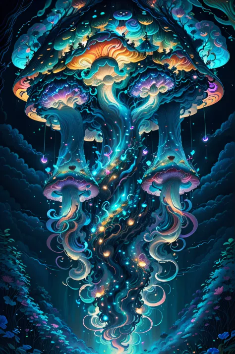 (Swirling clouds and colorful flowers), (forest fireflies fantasy korean mushroom kingdom), (midnight), (Irregular), (mysterious...