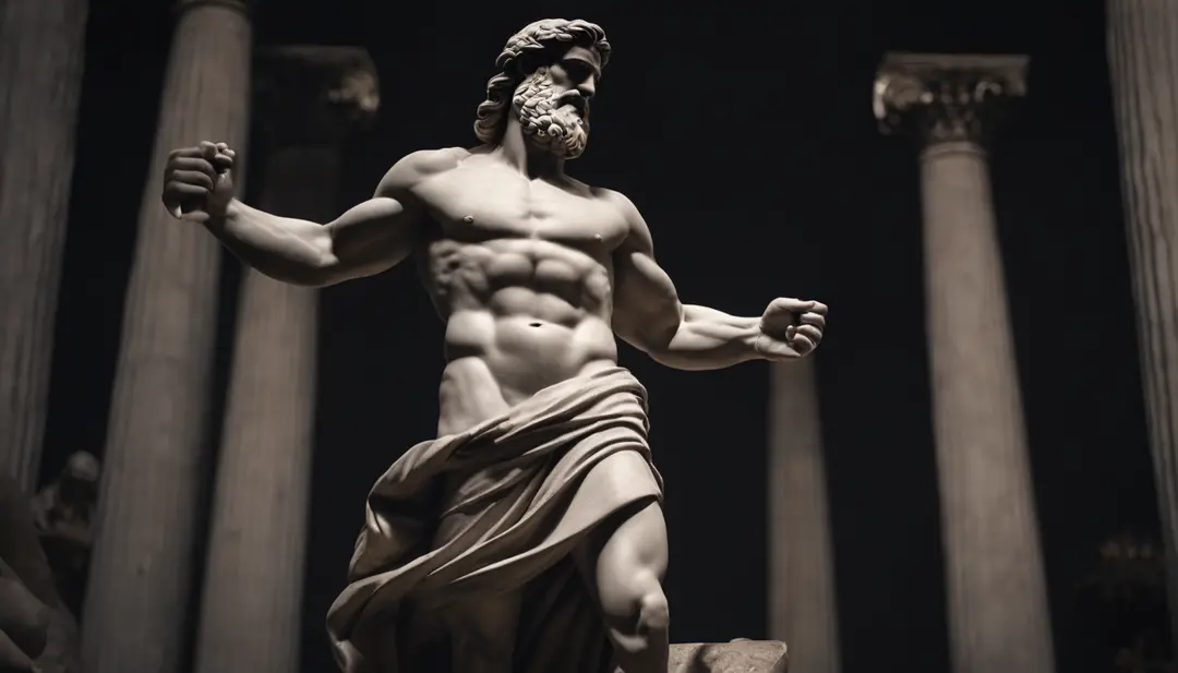 Stock Gricki Stoic which is the Greek historical status with Hercules Cinematic 8k profile muscles and dark background