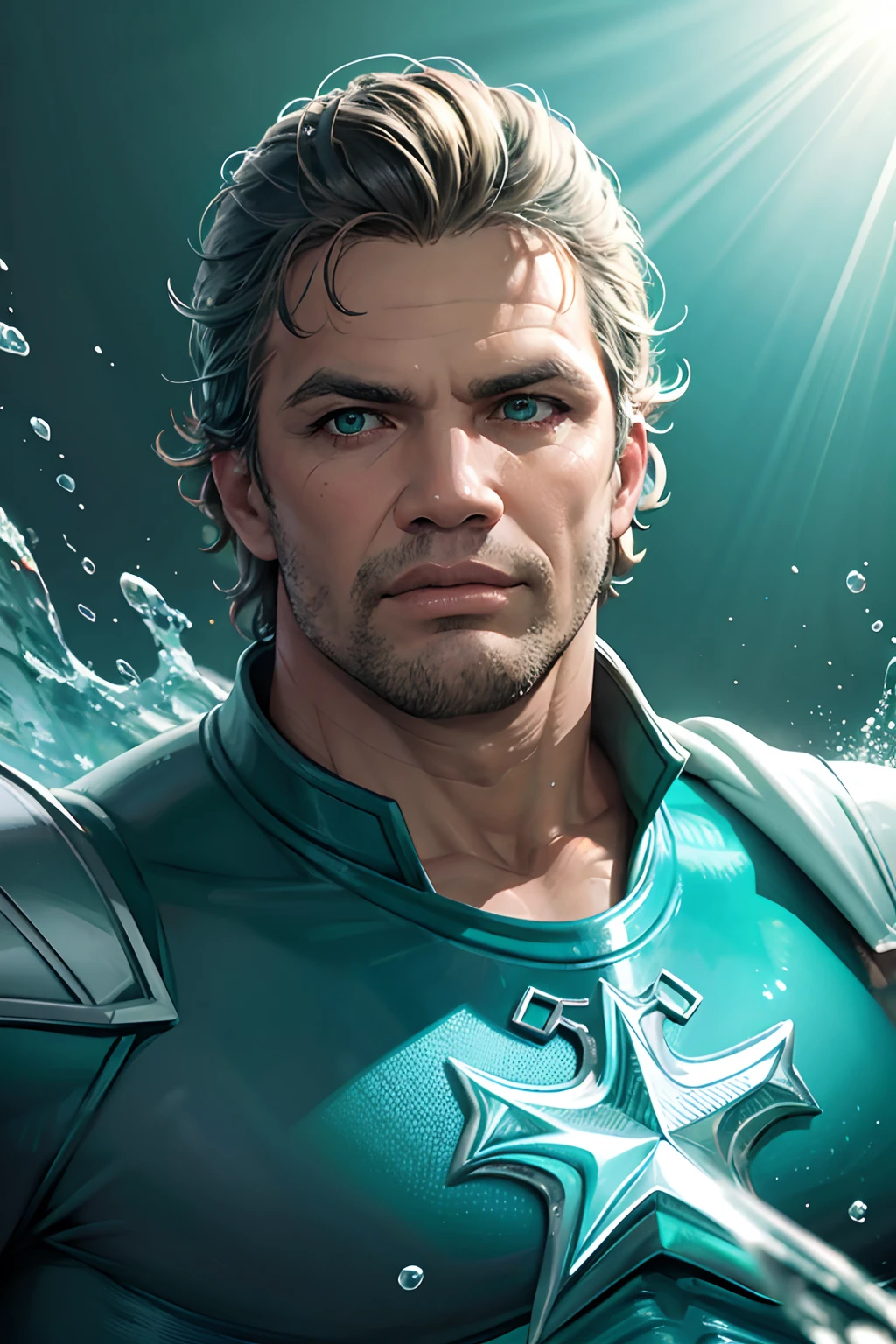 [Aquaman Brasileiro], [digital illustation], [Estilo Heroico], [Carlos ArteHeroica], [ArtStation], [High definition to highlight the connection to the ocean], [Vibrant and aquatic colors], [Underwater lighting], [Lente de close-up para mostrar detalhes do traje]