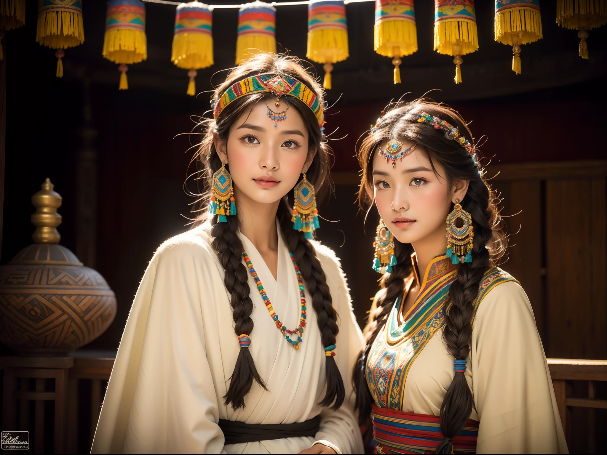 (Best quality,8K,A high resolution,Masterpiece:1.2),(Dark brown skin, Textured skin, Highland flushed face, Sunburn, tanned, sunspot), Beautiful Tibetan girls and boys in Potala Palace, prayer flags，Potala Palace, Tibetan culture, Bright eyes, Traditional Tibetan art costumes, Tibetan robes, Tibetan headdress, Tibetan jewelry, Turquoise, amber, Observe the audience, Ultra-fine details, upscaled. Soft lighting, ultra - detailed, High quality, Vivid colors, Bokeh, hdr, hyper HD, Professional photography style.