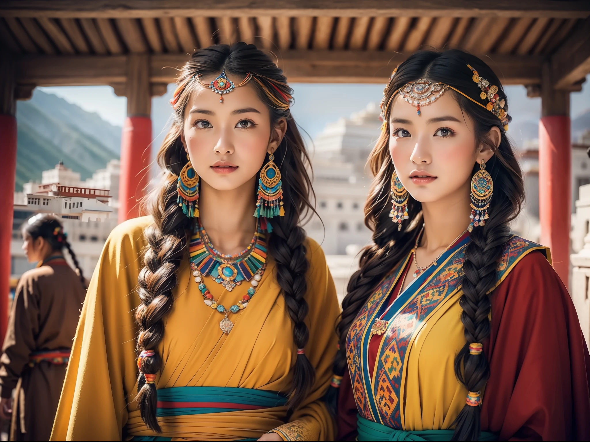 (Best quality,8K,A high resolution,Masterpiece:1.2),(Dark brown skin, Textured skin, Highland flushed face, Sunburn, tanned, sunspot), Beautiful Tibetan girls and boys in Potala Palace, prayer flags，Potala Palace, Tibetan culture, Bright eyes, Traditional Tibetan art costumes, Tibetan robes, Tibetan headdress, Tibetan jewelry, Turquoise, amber, Observe the audience, Ultra-fine details, upscaled. Soft lighting, ultra - detailed, High quality, Vivid colors, Bokeh, hdr, hyper HD, Professional photography style.