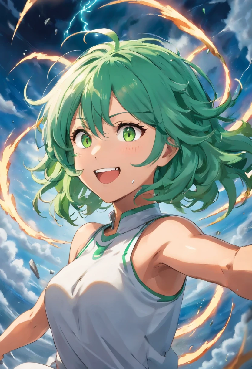 A woman with green hair and green eyes is holding a sword - SeaArt AI