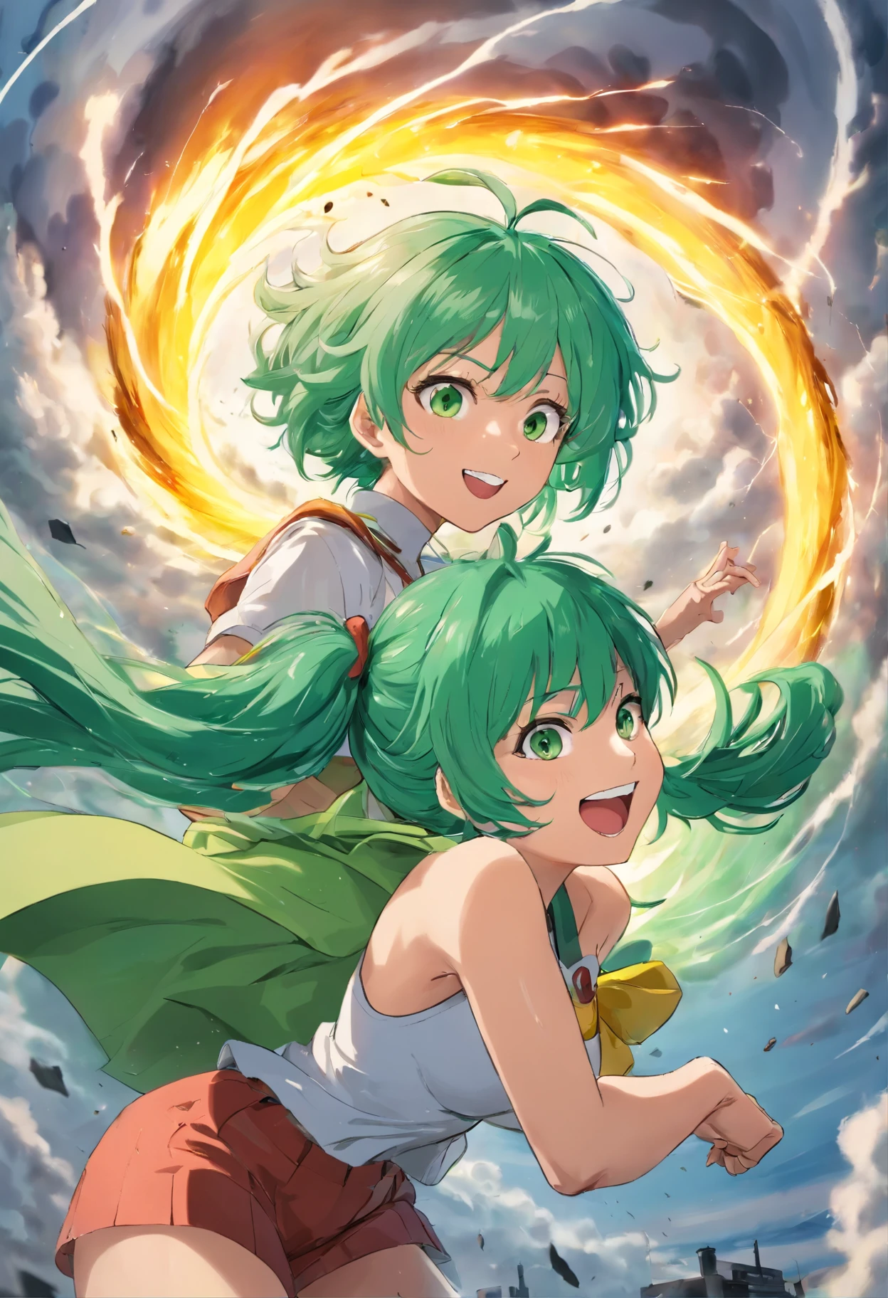 Two anime girls with green hair and green hair are flying through the air -  SeaArt AI