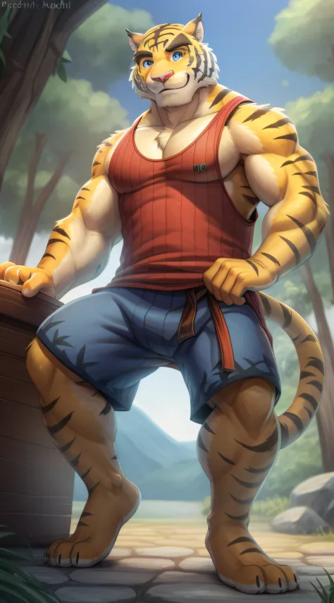 torahiko, solo, blue eyes, muscular, tiger tail, bara, (pose:1.3), (posing:1.3), (soft shading), 4k, hi res, five fingers, detailed hands, ((detailed face, (detailed eyes:1.0), detailed)), (full body), by zackarry911, by zaush, (by personalami:0.5), solo, looking at viewer, smile, short hair, 1boy, male focus, thighs, one eye closed, shorts, feet out of frame, thick thighs, tank top, blue shorts, bulge, pectoral cleavage, sidepec