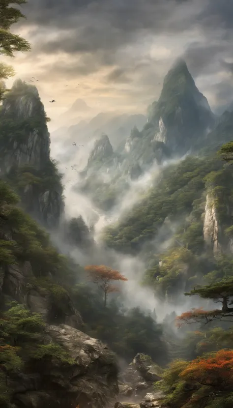 Hengshan Mountain, which is definitely a dreamy scene in a fairyland. and their light wings twinkle in the mist. The mist is swirling around the peaks, revealing the beautiful scenery of deep autumn tones. This picture is like a finely-detailed ink paintin...