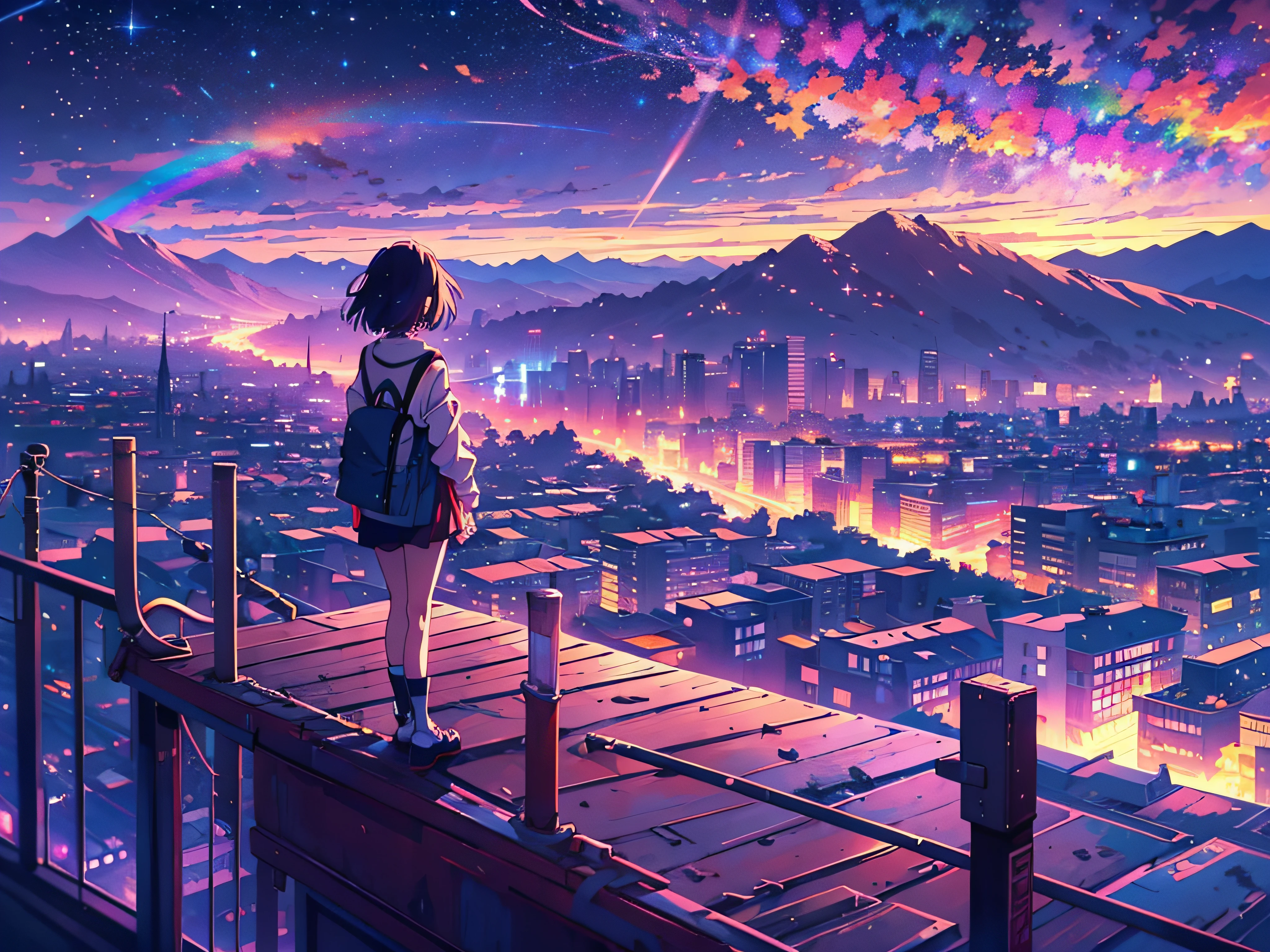 Garota anime parada no telhado olhando para o céu noturno com estrelas e arco-íris, Noite estrelada do arco-íris, 4k papel de parede de animes, papel de parede de anime 4K, Papel de parede anime 4k, Papel de parede de arte anime 8K, Papel de parede de arte anime 4k, Papel de parede de arte anime 4k, estilo anime 4K, Makoto Shinkai Cirilo Rolando, Papel de parede de mangá 4k, papel de parede de anime, papel papel de parede incrível, estrelas cadentes