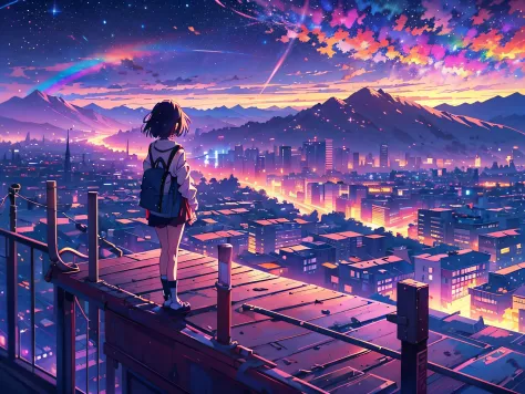Anime girl standing on the roof looking at the night sky with stars and rainbow, Rainbow Starry Night, 4k anime wallpapers, Anim...