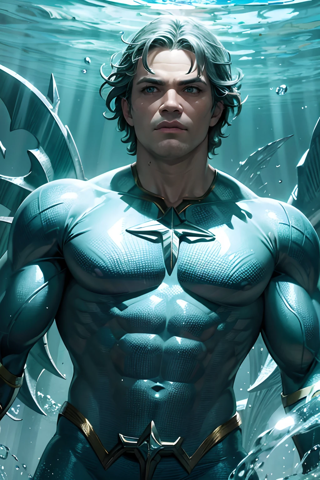 [Aquaman Brasileiro], [digital illustation], [Estilo Heroico], [Carlos ArteHeroica], [ArtStation], [High definition to highlight the connection to the ocean], [Vibrant and aquatic colors], [Underwater lighting], [Lente de close-up para mostrar detalhes do traje]