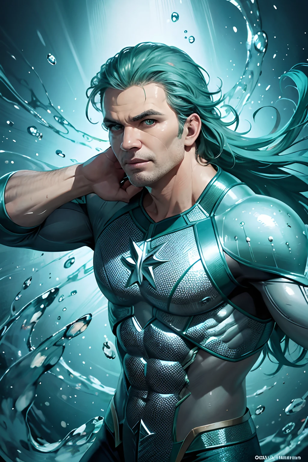 [Aquaman Brasileiro], [digital illustation], [Estilo Heroico], [Carlos ArteHeroica], [ArtStation], [High definition to highlight the connection to the ocean], [Vibrant and aquatic colors], [Underwater lighting], [Lente de close-up para mostrar detalhes do traje]