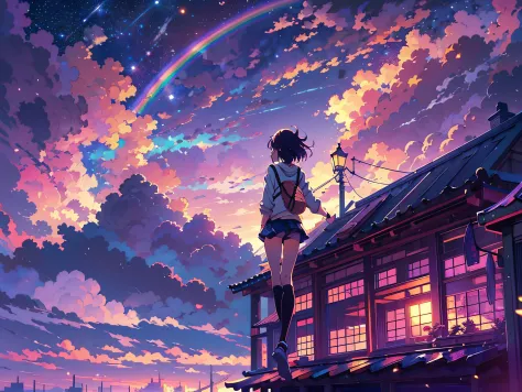 Anime girl standing on the roof looking at the night sky with stars and rainbow, Rainbow Starry Night, 4k anime wallpapers, Anim...