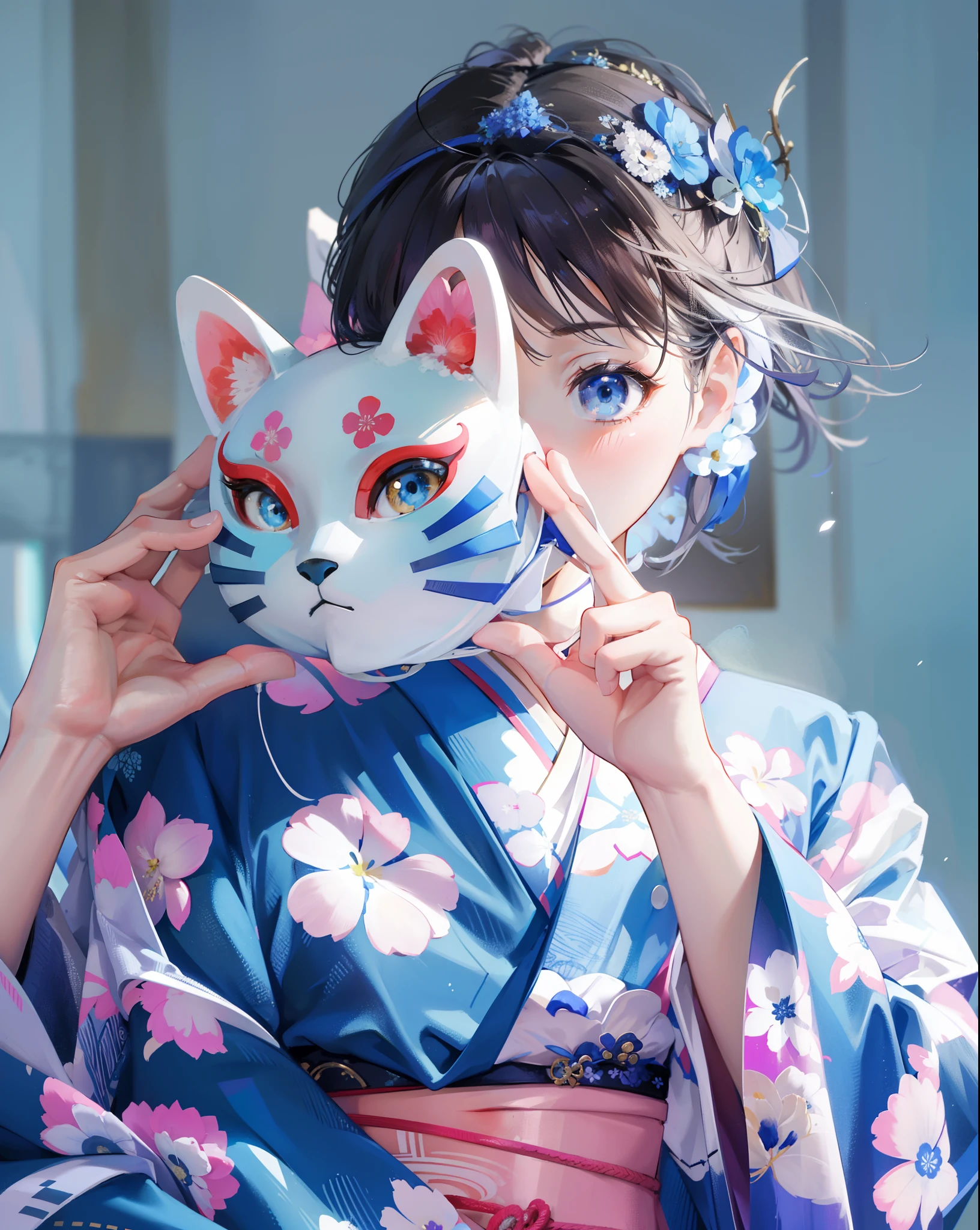 1 girl from Korea, wearing a kimono from Japan, blue kimono, with a ping flower motif, wearing a ping belt, has a beautiful face, beautiful eyes, beautiful hair, both hands holding a mask, a cat mask, details according to the photo, facing towards front, eyes focused forward, wearing a flower hair tie