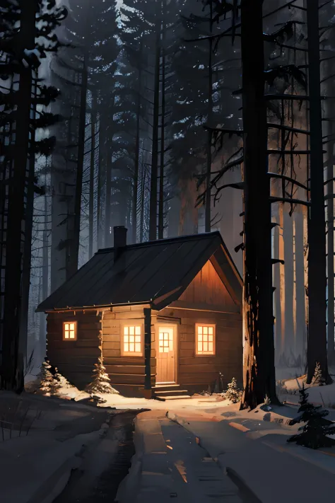 Generate an image of a cabin in the middle of a dark forest at night. Focus on the cabin and emphasize the door as the central point of the image. The cabin should appear old and eerie, incorporating typical elements of a horror movie setting, without spec...