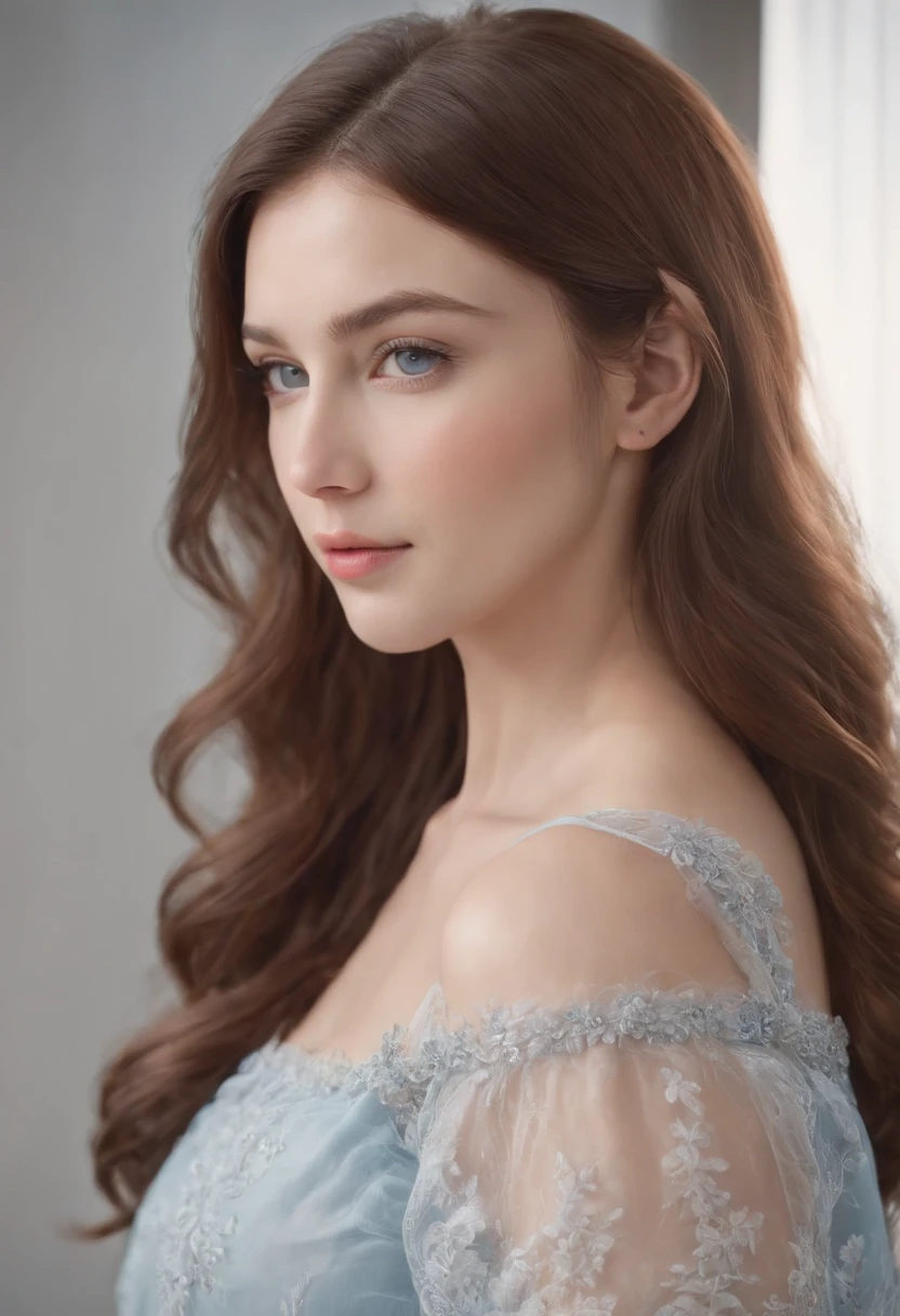 {{masutepiece}},Best Quality,Highly detailed,the Extremely Detailed CG Unity 8K Wallpapers, 1girl in, Blue eyes, Wavy brown hair, Upper body, shot,High close-up, Highly detailed,center frame,Sharp Focus, Looking at Viewer, floting hair, White background, No background