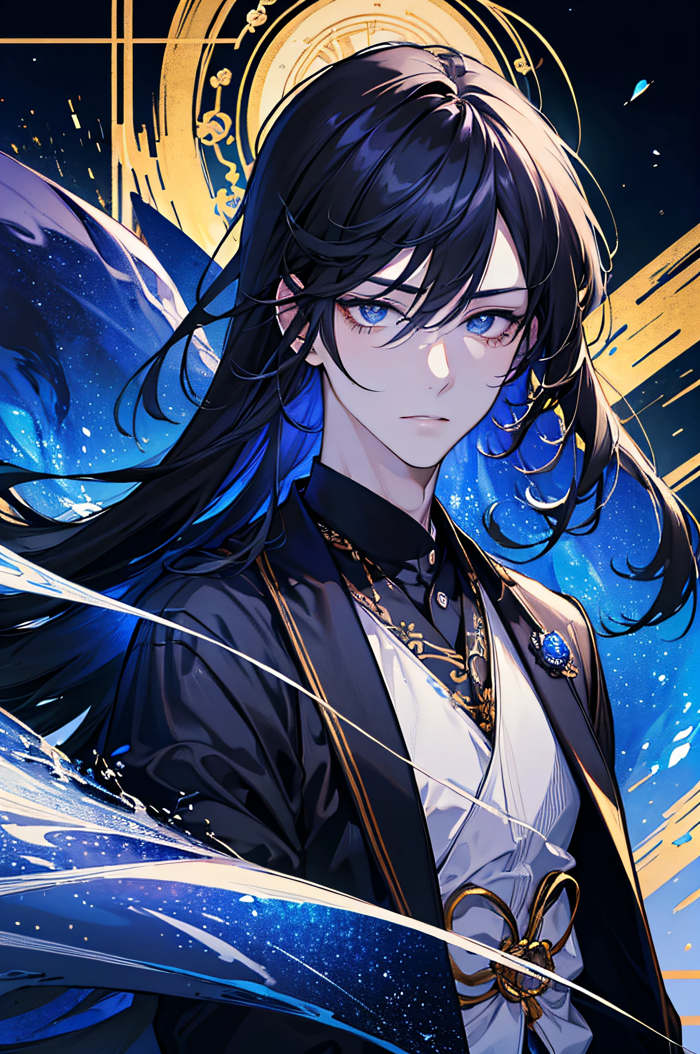 (masterpiece), best quality, ultra-high resolution, ((one man)), ((male)), elegant, japanese God, Tsukuyomi, expressive eyes, perfect face, half body, looking at viewer, dutch angle, cowboy shot, (long black hair), (golden eye color), handsome, night time, crescent moon, (japanese clothing, black blue kimono), hagoromo, seiren, dynamic light, beautiful colors, milky way, hd