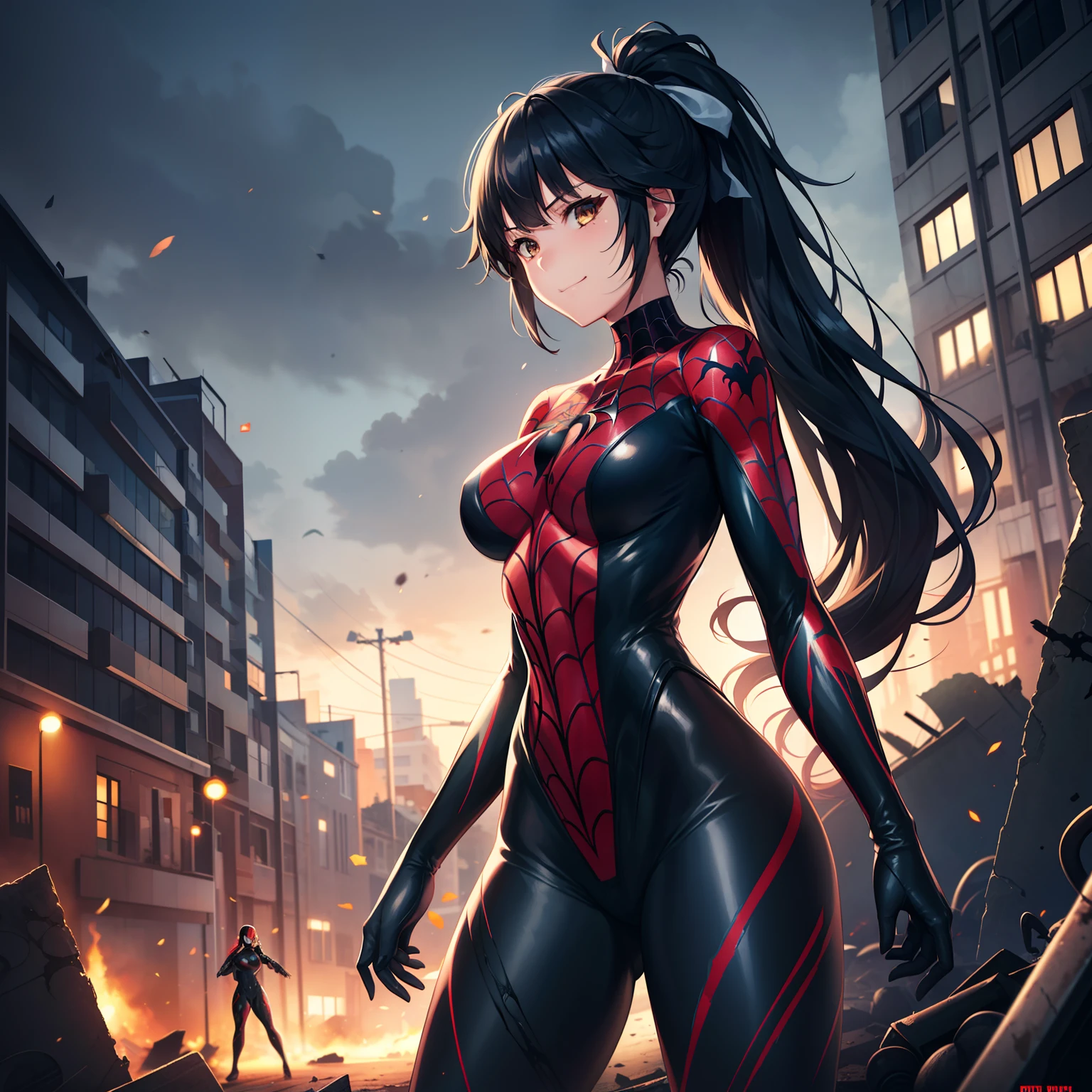 1girl,,big breasts,standing in ruined city,(8k),scratches,detailed face,black hair,brown eyes,very long hair,embarassed,small smile face,ponytail,hair, high_res, high_definition,the battlefield,battle pose,dark suit, (symbiote spider man Custome:1.1),