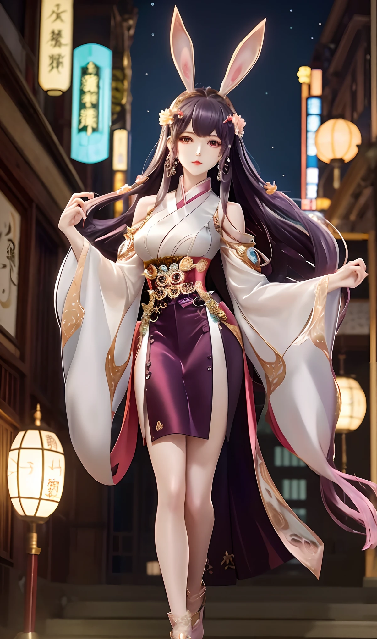 1girl,mature female, looking at viewer, cityscape, night, hair ornament, long hair, fake animal ears, skirt,shirt,clothing cutout, rabbit ears, full body xianxia, anime girl cosplay, ornate cosplay, japanese goddess, beautiful alluring anime woman, a beautiful fantasy empress, anime goddess,