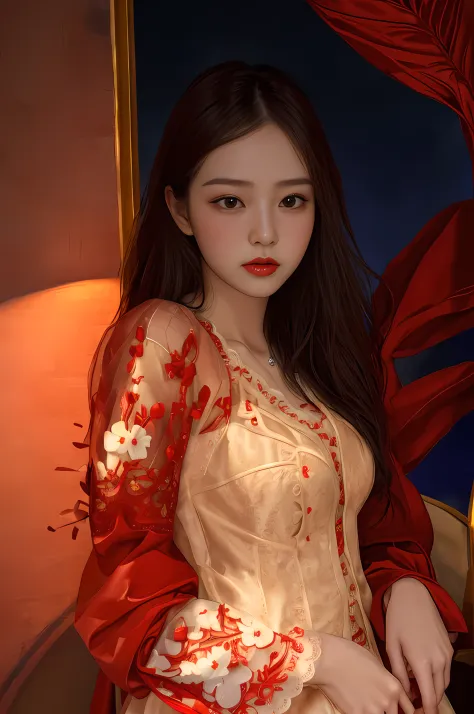 ​masterpiece、mid night、top-quality、Delicate design down to the smallest detail、Ultra detailed clothing lace、Red clothes made of red lace、Korean Women、Cool and beautiful face、 ,Best Quality, Realistic, Photorealistic,ultra-detailliert,extra detailed face