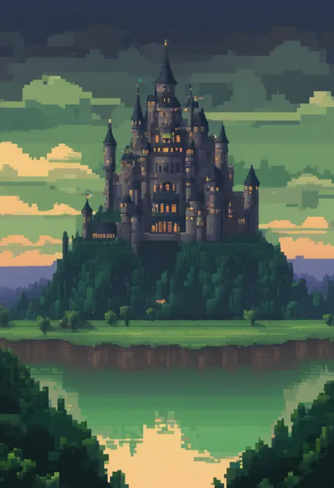 Gigantic anorlondor style castle, black color with dark gray details, prismatic windows, at dusk, floating castle, over an immense green valley with a beautiful river, 4K HD |, high definition
