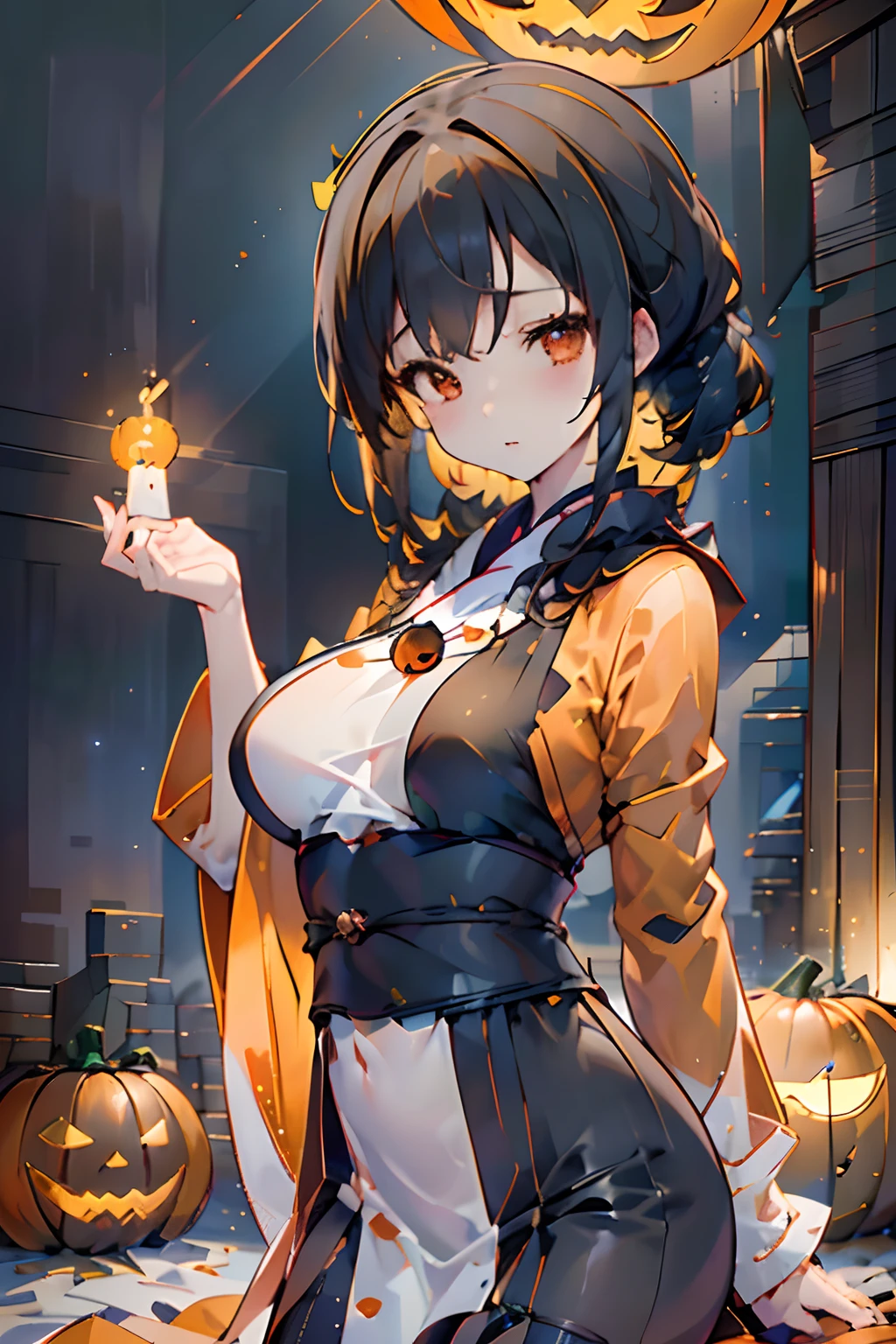 top-quality,masuter piece,独奏,((Jack-o'-lantern,Orange pumpkin:1.3､Peeler Candle,Ball Candle))),the bats,Flying bats,longshot, (low angles), (top down), 14 years old girl、((Black poncho、Realistic scale,Significant shrinkage:1.5、photos realistic、Super Detail, Realistic, Super realistic, lifelike rendering, (((darkened room:1.3))),Professional Photographer